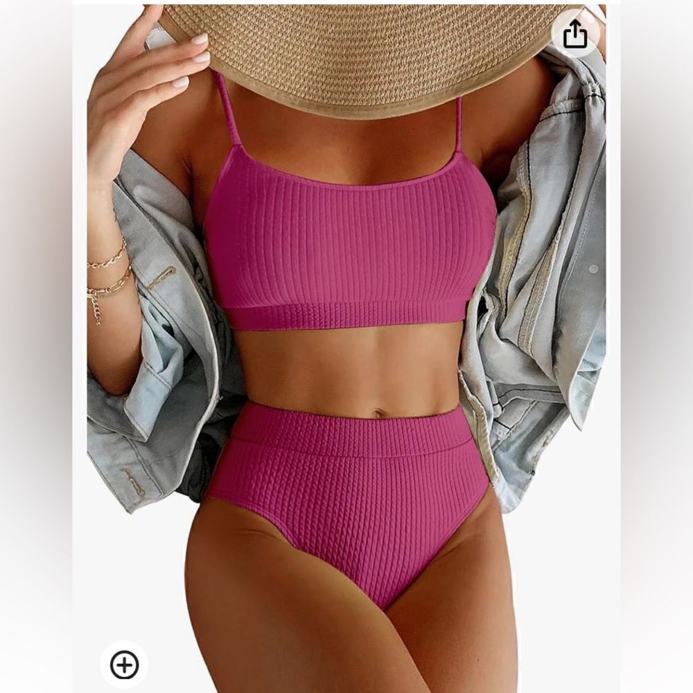 Ribbed High-Waist Bikini Set in Magenta